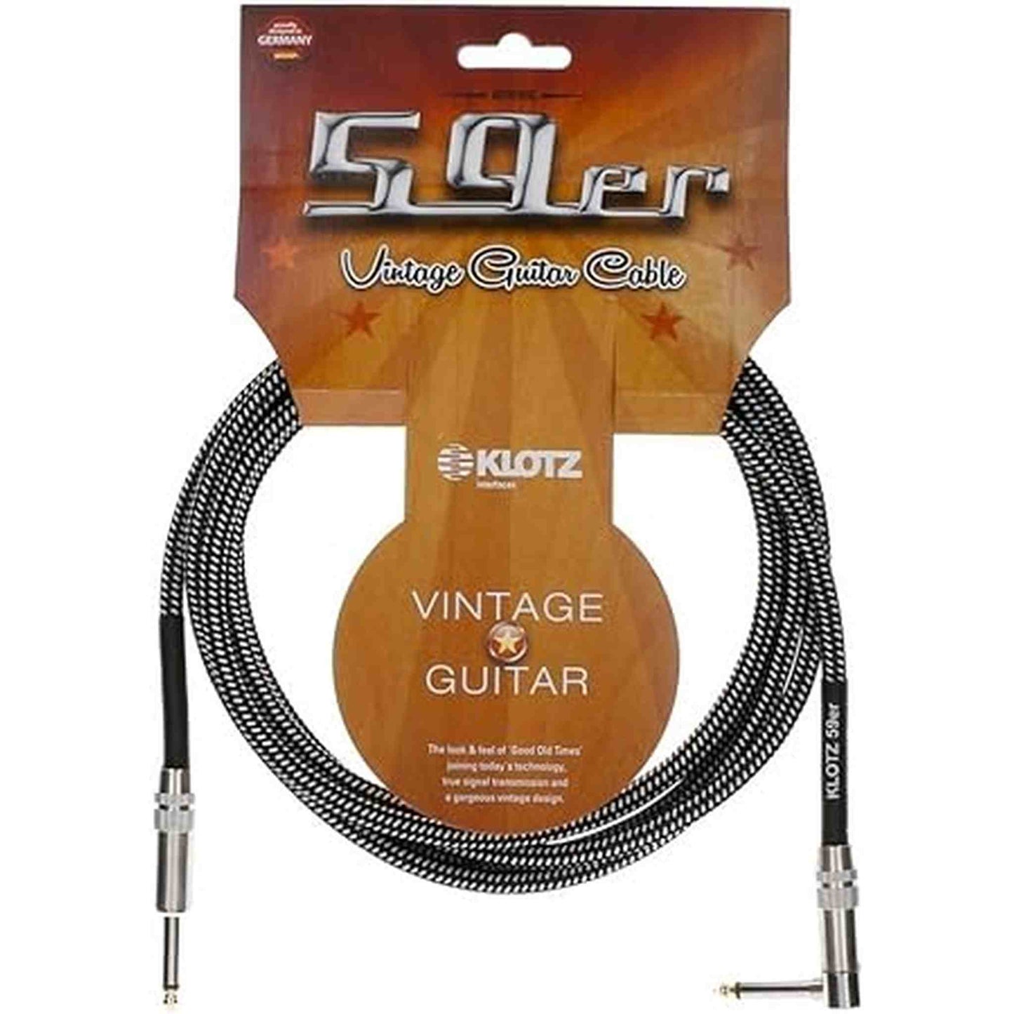 Klotz 59er Vintage Right Angle Instrument Cable 6m - Braid Black/White - Joondalup Music Centre
